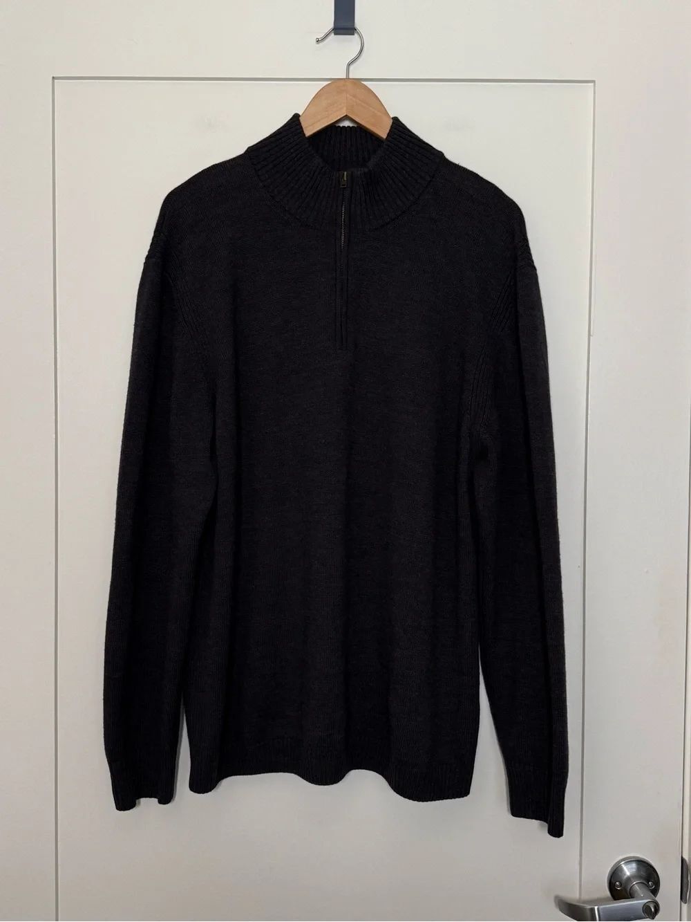 Faconnable Sweater Mens Sz XL Charcoal 1/4 Zip Mock Neck 100% Merino Wool Preppy